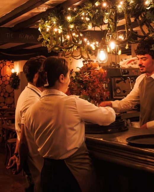 Staff at the festive bar at Les Douvres